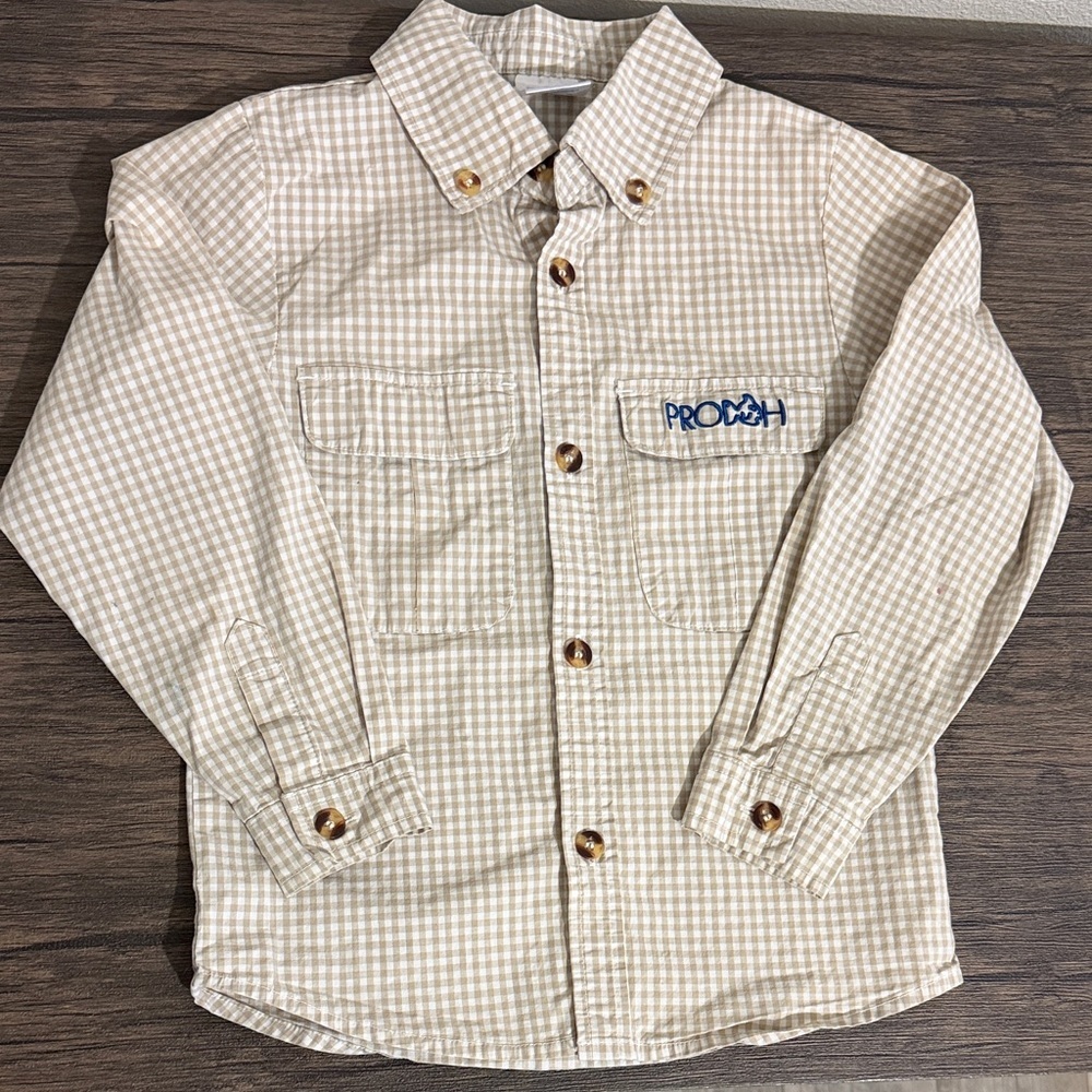 Prodoh Boy’s Fishing Beige Plaid Button-Down Shirt Casual Outdoor Adventure